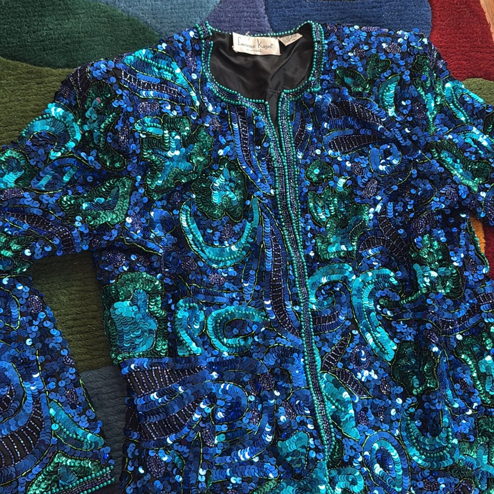 vintage Lawrence kazar beaded, sequin jacket, blue, green, silk